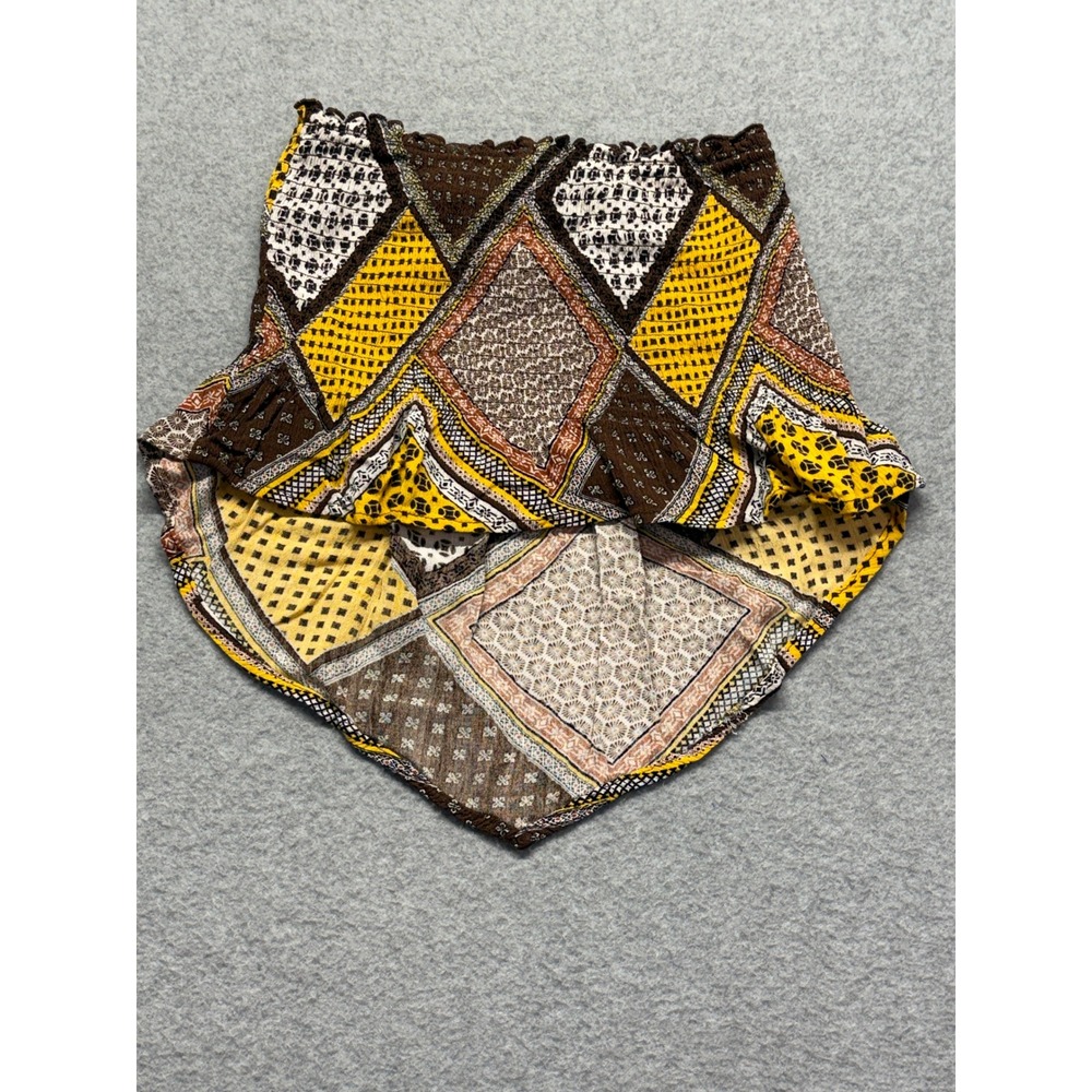 New Look Smocked Tube Top Brown Yellow Patchwork Handkerchief Hem Boho Small - Picture 8 of 9